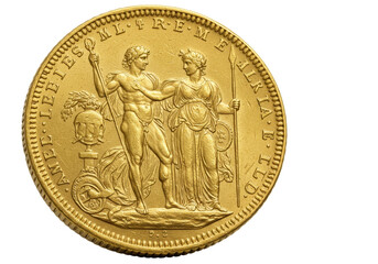 Isolated, antique gold coin, French Algeria issue, depicts two allegorical figures in detail,...