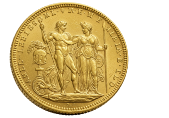 Isolated, antique gold coin, French Algeria issue, depicts two allegorical figures in detail, collectible