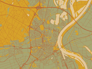 Poster-ready flat map of Speyer, Germany, muted sage base, rust-colored roads, and soft ochre highlights.