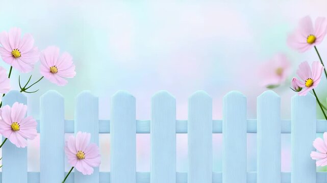 Rustic weathered fence embraced by blooming cosmos flowers amid gentle pastel hues and a soft flowing breeze