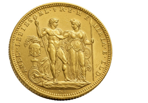 Isolated, antique gold coin, French Algeria issue, depicts two allegorical figures in detail, collectible