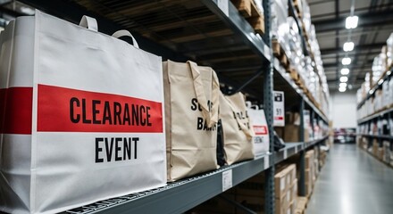 Naklejka premium Warehouse clearance event promo. Shopping bags on shelves for retail sales promotion, inventory reduction campaign, Black Friday. Industry, business, logistics backdrop.