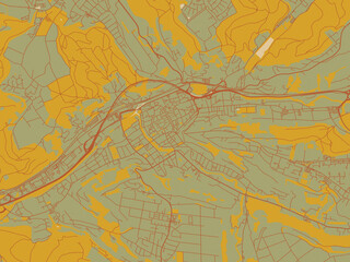 Obraz premium Flat painterly map of Swabisch Gmund, Germany in olive backdrop with warm rust street network and ochre blocks.