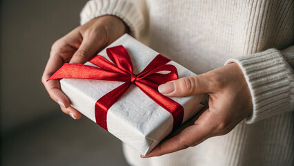 Woman holding white gift box with red ribbon