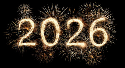the numbers "2026" written in golden light, fireworks in the background, a black background, a simple and elegant style, digital art technology, movie lighting effects, a fireworks show
