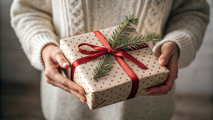 Hands holding polka dot Christmas gift with pine branch