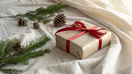 Beige gift box with red ribbon on soft linen fabric
