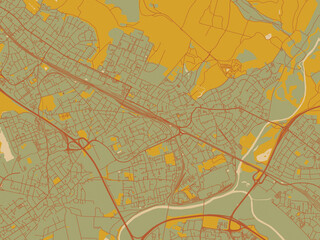 Abstract flat-design map of Troisdorf, Germany, featuring earthy sage background with rust roadways and ochre details.