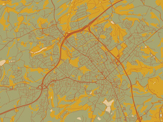 Flat painterly map of Velbert, Germany in muted sage base, rust-colored roads, and soft ochre highlights.