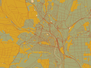 Decorative flat city map of Villingen, Germany using olive backdrop with warm rust street network and ochre blocks.