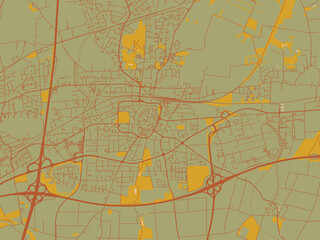 Poster-ready flat map of Unna, Germany, sage/olive tone field with rust networks and ochre shapes, cream water.