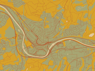 Graphic flat color map of Volklingen, Germany in sage/olive tone field with rust networks and ochre shapes, cream water.