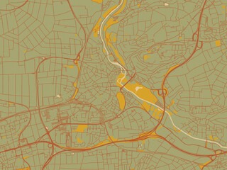 Abstract flat-design map of Waiblingen, Germany, featuring olive backdrop with warm rust street network and ochre blocks.