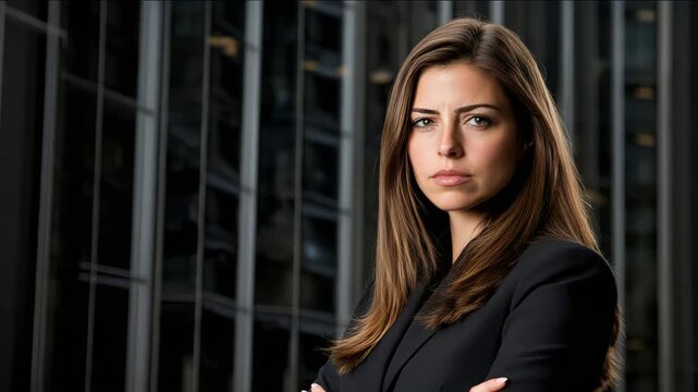 Thoughtful Corporate Woman Standing by Skyscraper in Subtle Shadows