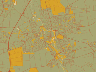 Flat painterly map of Wolfenbuttel, Germany in earthy sage background with rust roadways and ochre details.