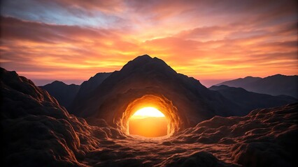 A cave entrance with a bright light at the end during a vibrant sunset