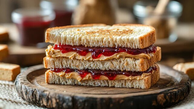 Vibrant close-up view of a perfectly sliced peanut butter and jelly sandwich with rich peanut butter oozing from its sides