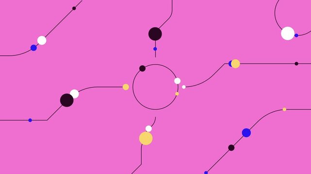 Dynamic abstract animation with interconnected circles flowing on vibrant pink background, perfect for modern tech, innovative design, or creative projects