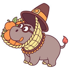Funny Pygmy Hippo with wearing glasses, set in a charming Thanksgiving theme – Grateful Harvest color vector art