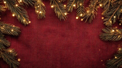 Cozy christmas background with warm glowing fairy lights draped over dark green fir branches framing a rich textured red fabric