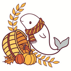 SVG art: A Sleepy Beluga Whale in a Thanksgiving vibe with with a scarf, tinted with Grateful Harvest tones