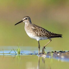 Obraz premium A small brown wading bird walking at the edge of shallow water