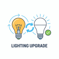 Vector 2D flat icon showing incandescent to LED conversion, lighting upgrade