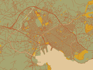 Graphic flat color map of GRE, Volos in sage/olive tone field with rust networks and ochre shapes, cream water.
