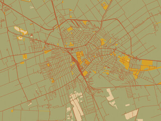 Obraz premium Graphic flat color map of Bekescsaba, Hungary in olive backdrop with warm rust street network and ochre blocks.