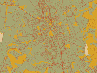Stylized minimalist map of Eger, Hungary in sage green ground with rust-red roads and ochre accents.