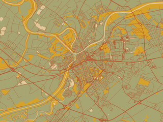 Decorative flat city map of Gyor, Hungary using earthy sage background with rust roadways and ochre details.