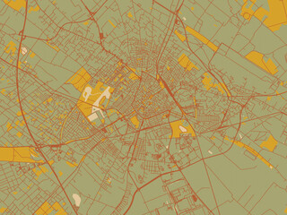 Graphic flat color map of Kecskemet, Hungary in sage green ground with rust-red roads and ochre accents.