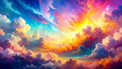 A vibrant celestial panorama, colorful clouds, and radiant light