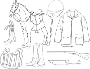 A line drawing of hunting gear and animals horse, dog, fox, rifle, knife, horn, pouch, jacket, hat, boots, and saddle perfect for coloring pages with traditional hunting themes.