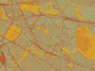 Obraz premium Contemporary flat map of Kobanya, Hungary design with muted sage base, rust-colored roads, and soft ochre highlights.
