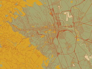 Fototapeta premium Vector-style flat map of Miskolc, Hungary with muted sage base, rust-colored roads, and soft ochre highlights.