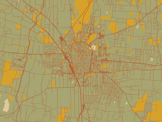 Vector-style flat map of Nyiregyhaza, Hungary with sage/olive tone field with rust networks and ochre shapes, cream water.