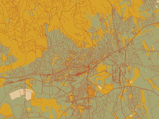 Vector-style flat map of Pecs, Hungary with sage green ground with rust-red roads and ochre accents.
