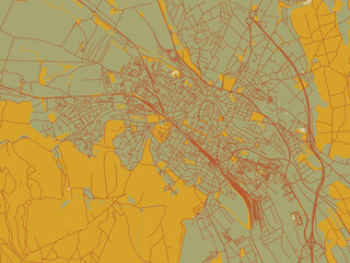 Vector-style flat map of Sopron, Hungary with sage green ground with rust-red roads and ochre accents.