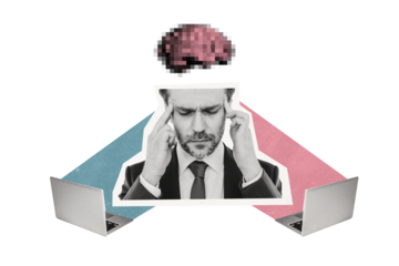 Composite photo collage of upset stressed businessman hold head suffer pain blurred brain macbook devices isolated on painted background