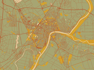 Stylized minimalist map of Szeged, Hungary in olive backdrop with warm rust street network and ochre blocks.