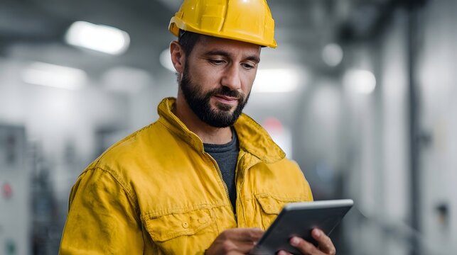 An industrial worker in a yellow hard hat uses a digital tablet for his work in a modern facility