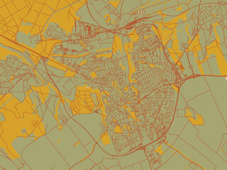 Decorative flat city map of Veszprem, Hungary using olive backdrop with warm rust street network and ochre blocks.