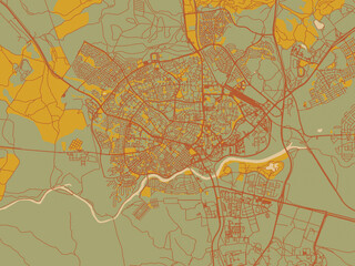 Minimalist flat city map of Beersheba, Israel with muted sage base, rust-colored roads, and soft ochre highlights.