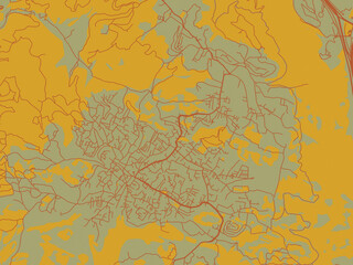 Stylized minimalist map of Daliyat al Karmel, Israel in olive backdrop with warm rust street network and ochre blocks.