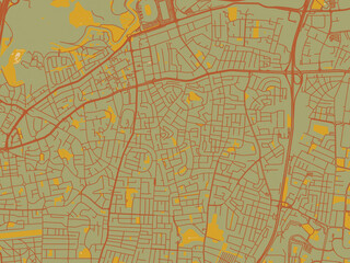 Stylized minimalist map of Bnei Brak, Israel in muted sage base, rust-colored roads, and soft ochre highlights.