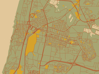 Fototapeta premium Poster-ready flat map of Hadera, Israel, earthy sage background with rust roadways and ochre details.