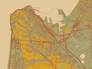 Graphic flat color map of Haifa, Israel in olive backdrop with warm rust street network and ochre blocks.