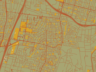 Graphic flat color map of Herzliya, Israel in muted sage base, rust-colored roads, and soft ochre highlights.