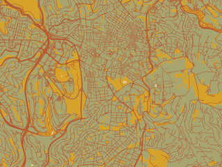 Minimalist flat city map of Jerusalem Center, Israel with muted sage base, rust-colored roads, and soft ochre highlights.